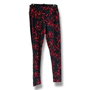 LuLaRoe Womens Leggings OS Black Blue Red Hearts Print Valentines